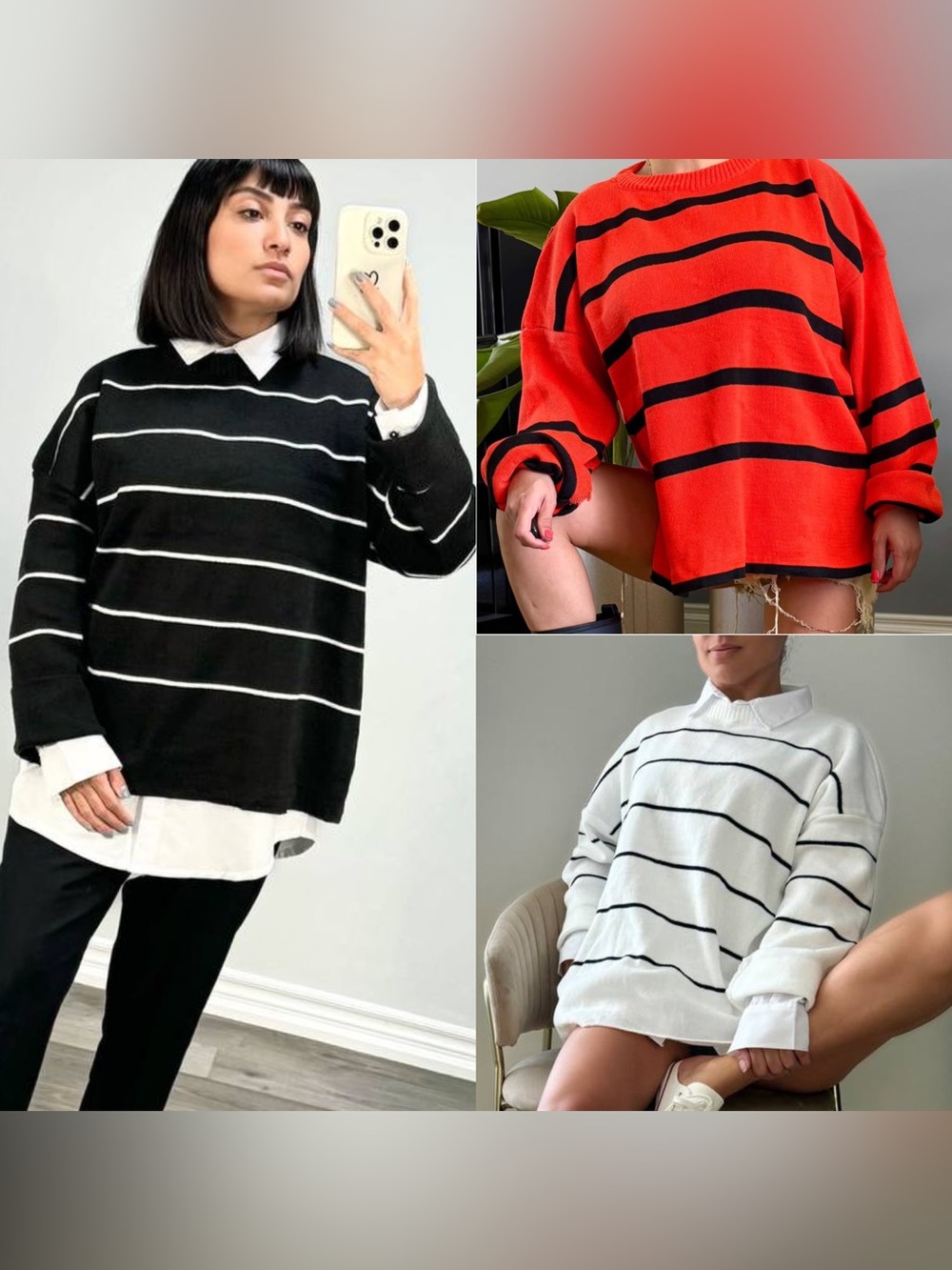 2 pieces Striped Oversized Crewneck Sweater + white long shirt